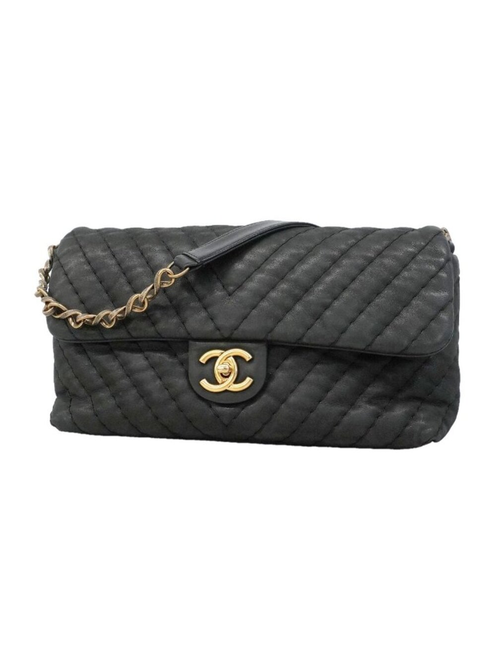 Chanel Shoulder Bag Chevron Sparkle Leather Black Gold
